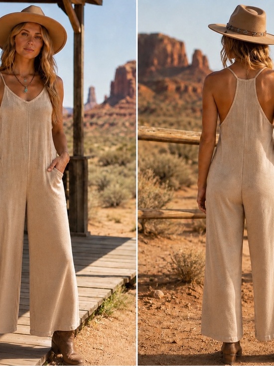 As Revival Pants - Light Beige Wide-Leg Jumpsuit - Sleeveless Scoop Neck